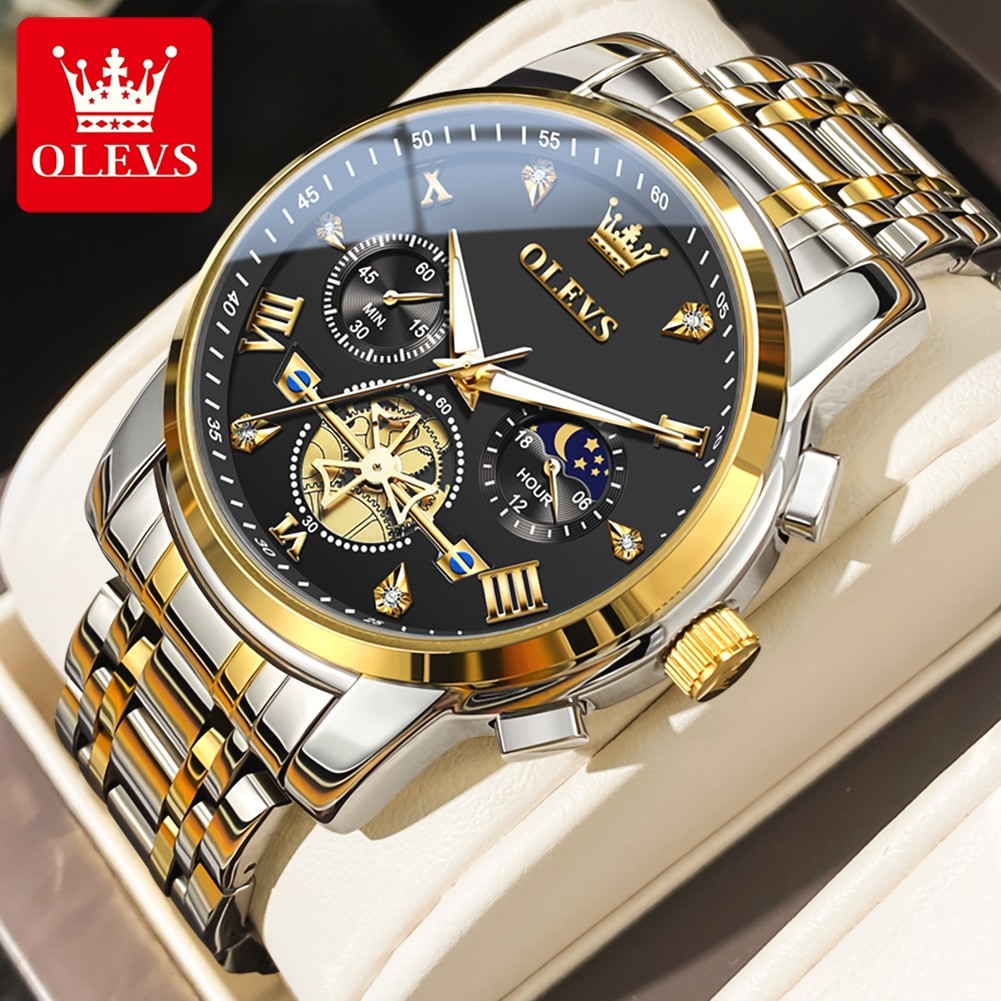 OLEVS Men’s Classic Multifunction Quartz Watch – Flywheel Chronograph with Moon Phase & 24-Hour Display