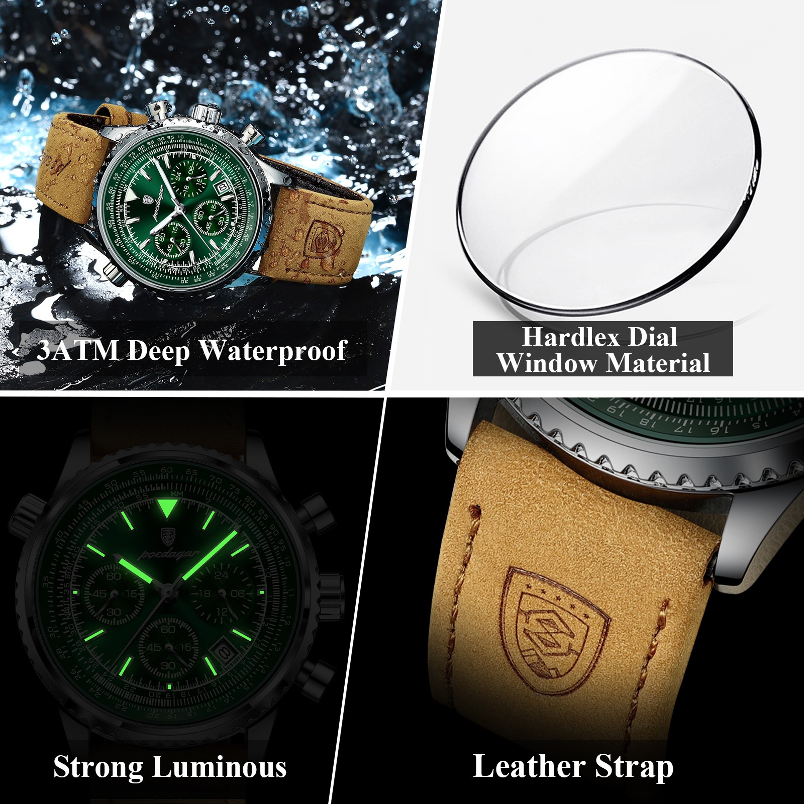 POEDAGAR Luxury Men’s Quartz Watch – Waterproof Luminous Chronograph with Date & Leather Strap