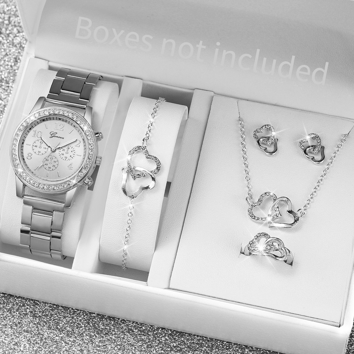 6PCS Women's Fashion Watch & Jewelry Set – Rhinestone Stainless Steel Quartz Watch with Double Heart Design
