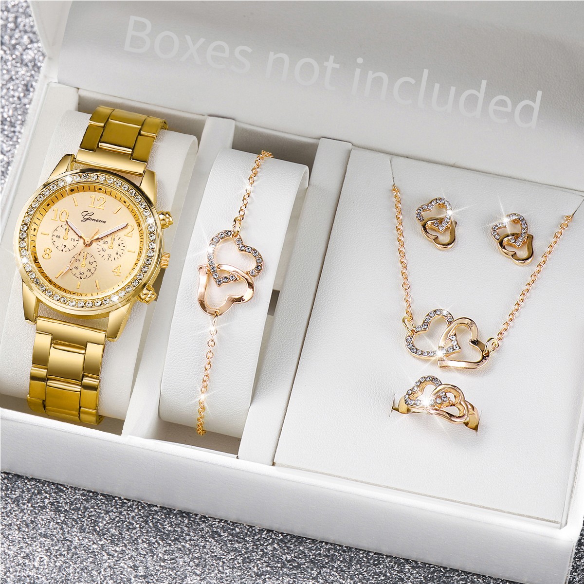 6PCS Women's Fashion Watch & Jewelry Set – Rhinestone Stainless Steel Quartz Watch with Double Heart Design