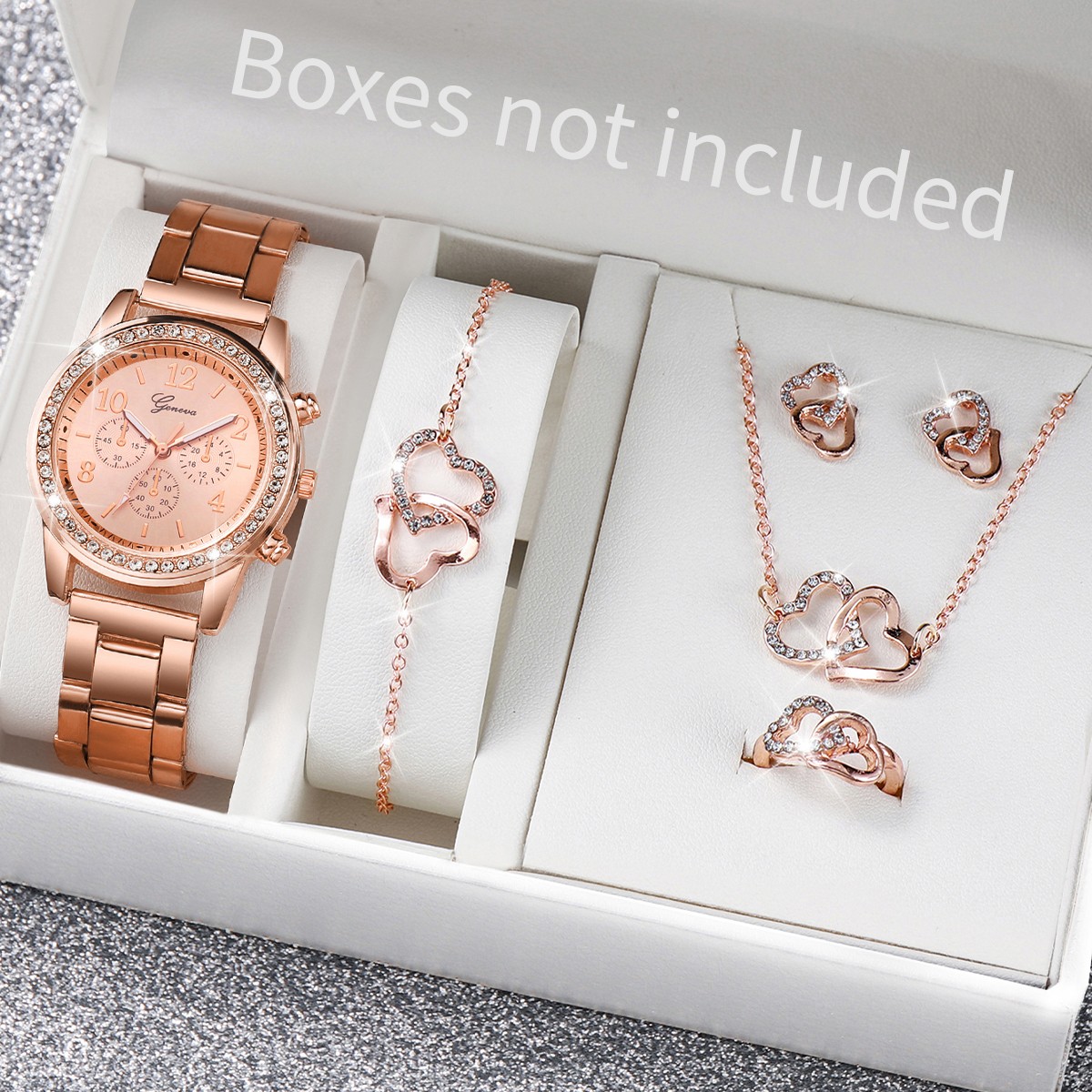 6PCS Women's Fashion Watch & Jewelry Set – Rhinestone Stainless Steel Quartz Watch with Double Heart Design