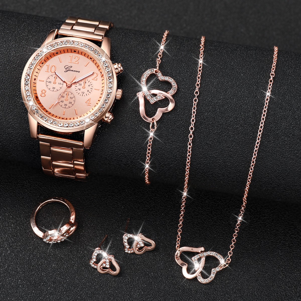 6PCS Women's Fashion Watch & Jewelry Set – Rhinestone Stainless Steel Quartz Watch with Double Heart Design