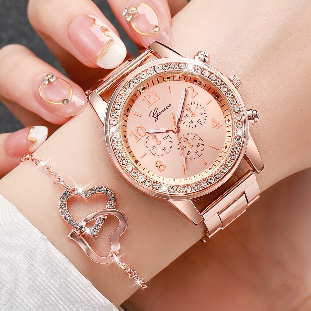6PCS Women's Fashion Watch & Jewelry Set – Rhinestone Stainless Steel Quartz Watch with Double Heart Design