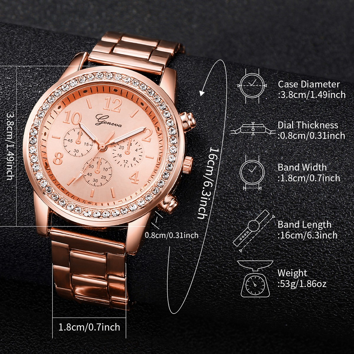 6PCS Women's Fashion Watch & Jewelry Set – Rhinestone Stainless Steel Quartz Watch with Double Heart Design