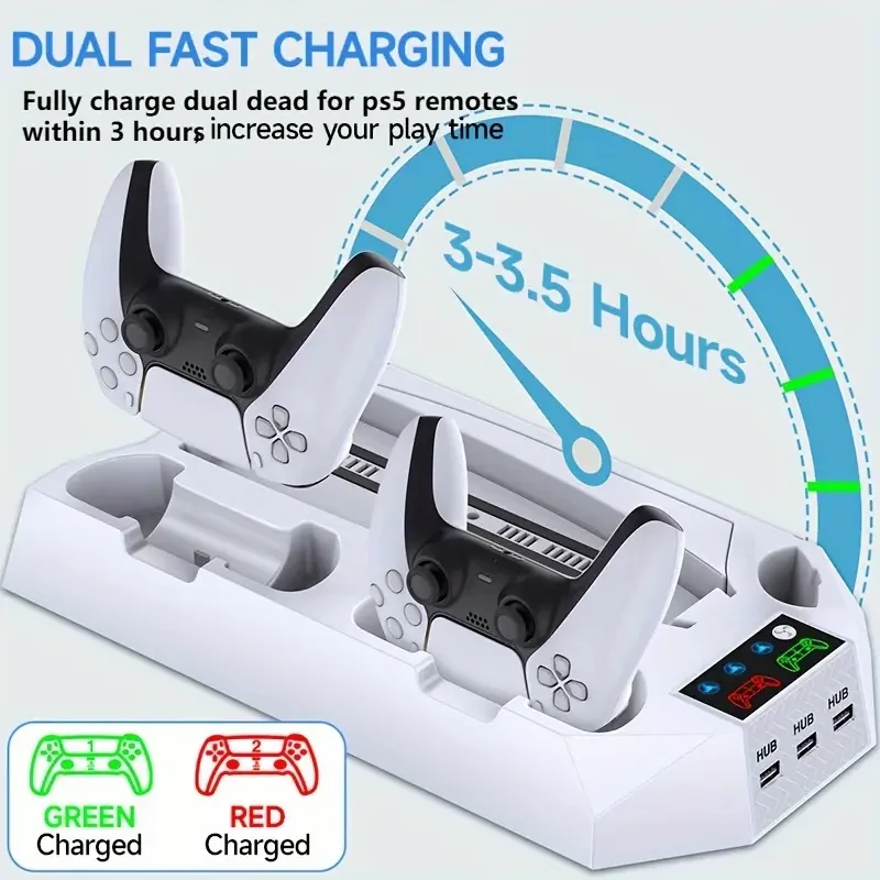 For PS5 Stand And Cooling Station With Dual Controller Charging Station For PS 5 Console, For PS5 Accessories Incl. Controller Charger, Cooling Fan, Headset Holder, 3 USB Hub, Media Slot, Screw White