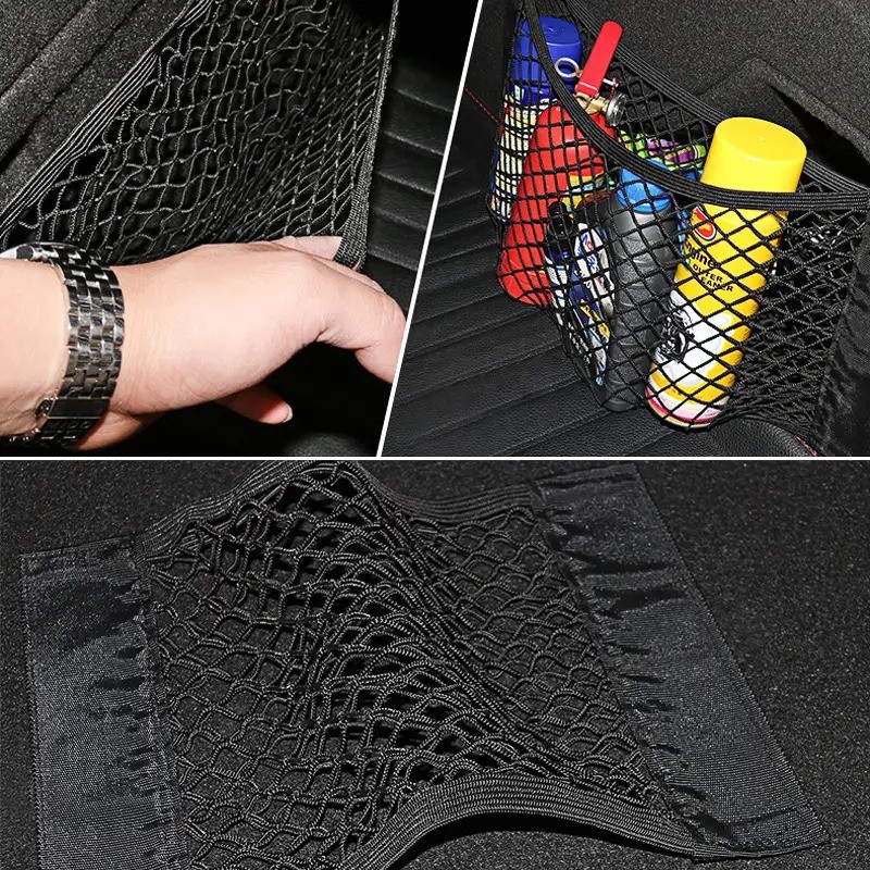 Universal Double Mesh Car Storage Bag – Trunk Storage Net & Fire Extinguisher Fixed Holder