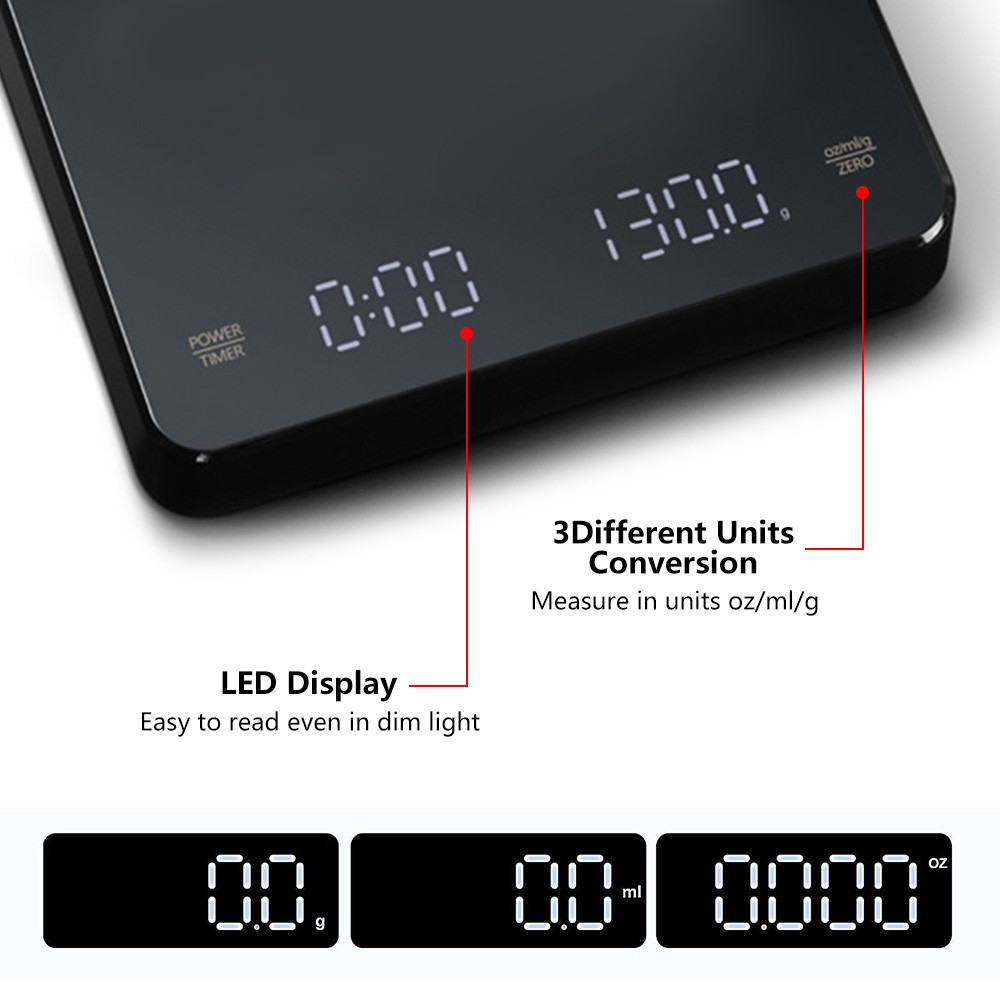 Digital Coffee Scale with Timer – LED Display, USB Rechargeable