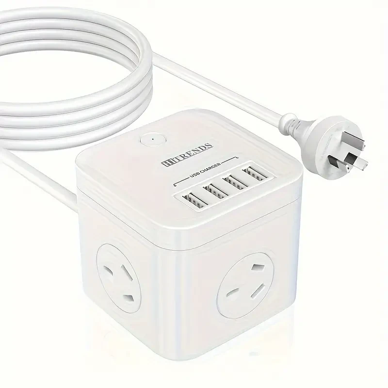 Cube Power Strip, 3 AC Outlets & 4 USB Charging Stations with Surge Protection, 10A/2400W, 1.8m Extension Cord, Office & Home Use, Australian Plug, Switch, USB Slots, 220V-240V Voltage, Battery-Free