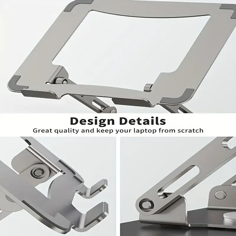 Ergonomic Stainless Steel Laptop Stand with 360° Rotating Base, Adjustable Height & Multi-Angle Folding Design - Fits 25.4-39.62cm Notebooks - Silvery Gray