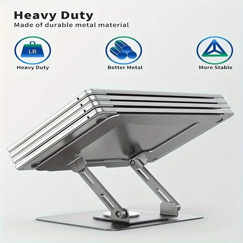 Ergonomic Stainless Steel Laptop Stand with 360° Rotating Base, Adjustable Height & Multi-Angle Folding Design - Fits 25.4-39.62cm Notebooks - Silvery Gray