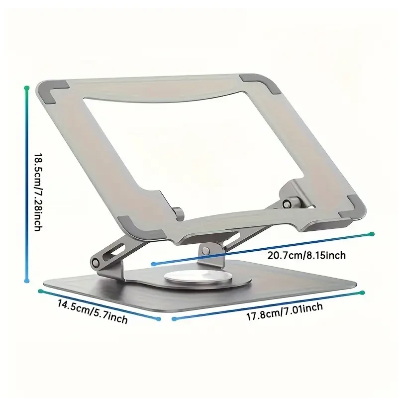 Ergonomic Stainless Steel Laptop Stand with 360° Rotating Base, Adjustable Height & Multi-Angle Folding Design - Fits 25.4-39.62cm Notebooks - Silvery Gray