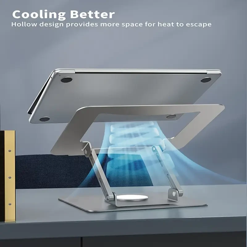 Ergonomic Stainless Steel Laptop Stand with 360° Rotating Base, Adjustable Height & Multi-Angle Folding Design - Fits 25.4-39.62cm Notebooks - Silvery Gray