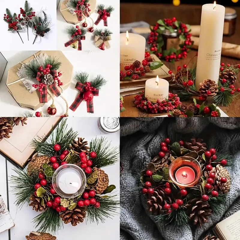 24PCS Artificial Pine Picks with Red Berries and Pinecones, Americana Style Faux Pine Needle Sprigs, Plastic Christmas Craft Greens for DIY Wreaths, Seasonal Decor Without Electricity, Featherless