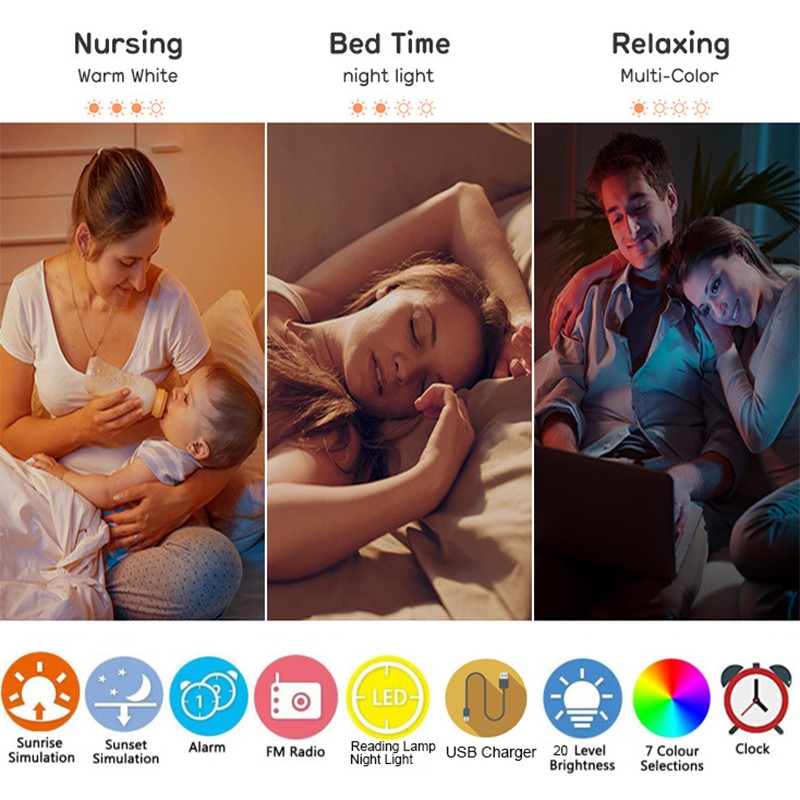 Wake Up Light Alarm Clock – Sunrise/Sunset Simulation, Dual Alarms, FM Radio, Nightlight with 7 Colors