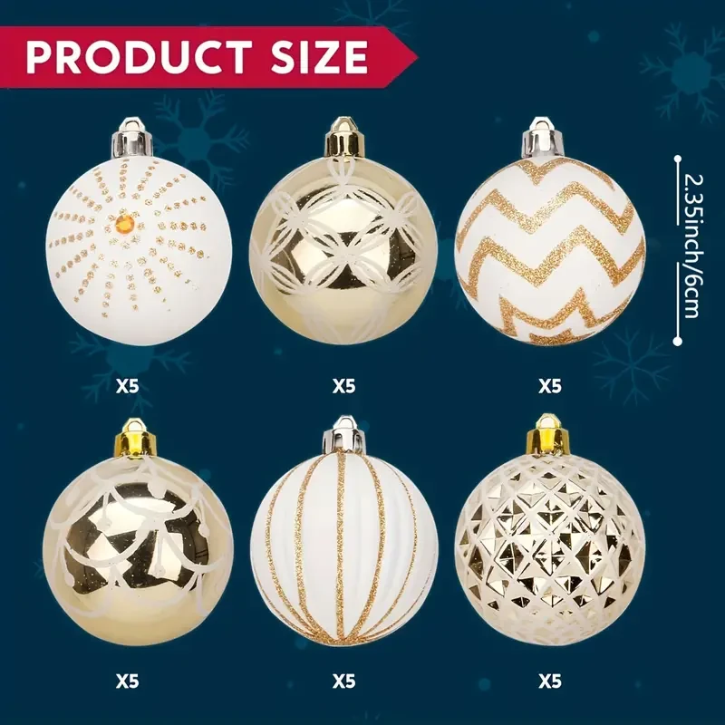 30-Pack Golden & White Shatterproof Christmas Decorations, 6.02cm Hand-Painted Festive Tree Ornaments & Wedding Decorations - Multi-Color Caps, Plastic, No Electricity, Featherless, for Christmas & New Year'S Day