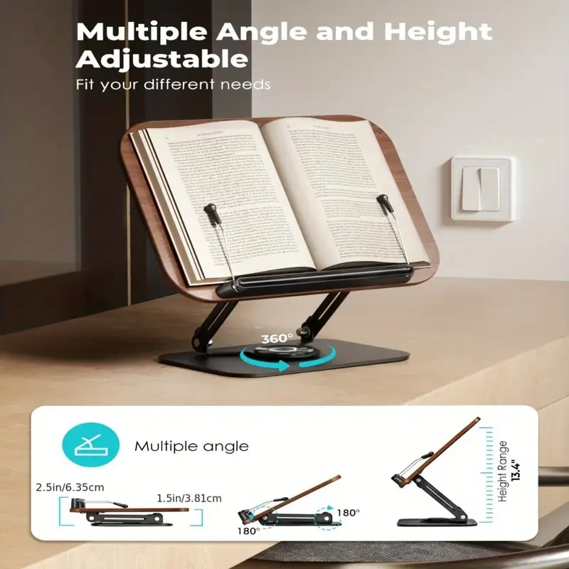 Adjustable Book Stand: 360° Rotating Base, Height & Angle Adjustable, Foldable & Portable