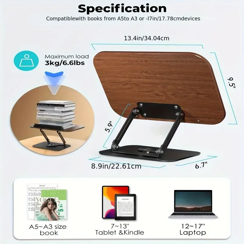 Adjustable Book Stand: 360° Rotating Base, Height & Angle Adjustable, Foldable & Portable