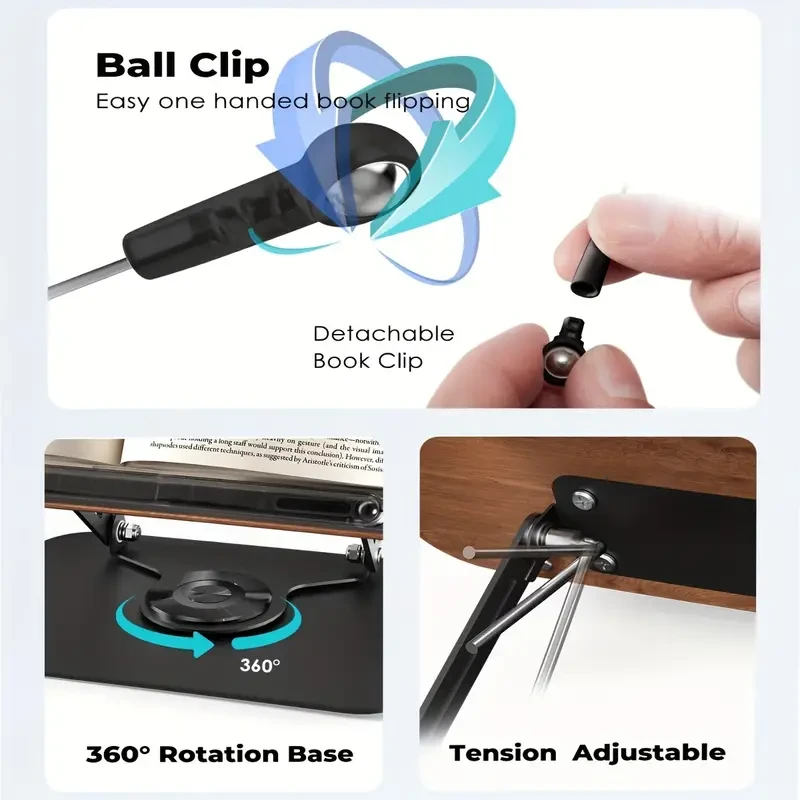 Adjustable Book Stand: 360° Rotating Base, Height & Angle Adjustable, Foldable & Portable