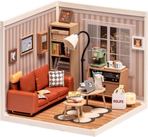 ROBOTIME Rolife Cozy Living Lounge DIY Miniature Plastic House Building Set Toys Playset With LED Suitable For Mini Figures Construction Toys Diorama Kit Gifts For Teens Adults DW007