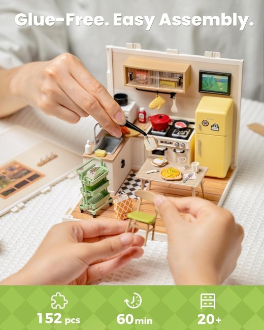 ROBOTIME Rolife Happy Meals Kitchen Miniature House Kits Super World Dolls House Model Kits With Furniture And Accessories Christmas Dollhouse For Girls Craft Kits For Adults DW008
