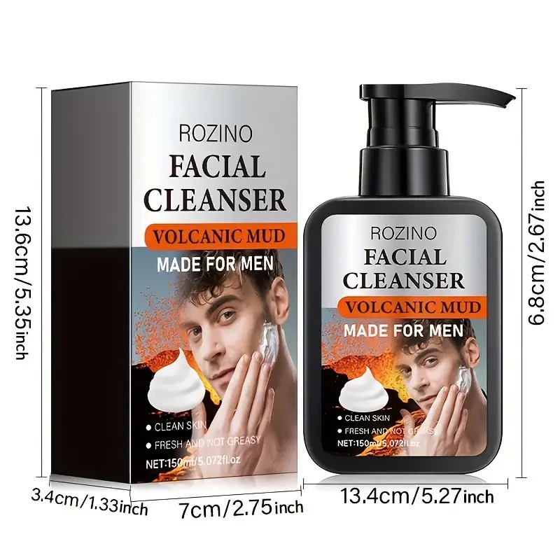 ROZINO Facial Cleanser for Men, Volcanic Mud Deep Cleansing Cream, Pore & Blackhead Cleansing, Moisturizing Face Wash, Alcohol-Free with Glycerin, Fresh Scent for All Skin Types, 150ml