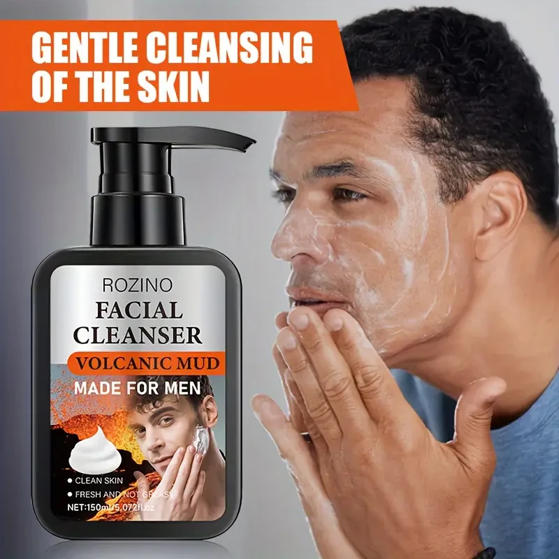 ROZINO Facial Cleanser for Men, Volcanic Mud Deep Cleansing Cream, Pore & Blackhead Cleansing, Moisturizing Face Wash, Alcohol-Free with Glycerin, Fresh Scent for All Skin Types, 150ml