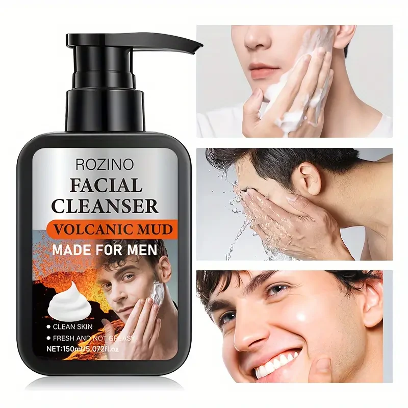 ROZINO Facial Cleanser for Men, Volcanic Mud Deep Cleansing Cream, Pore & Blackhead Cleansing, Moisturizing Face Wash, Alcohol-Free with Glycerin, Fresh Scent for All Skin Types, 150ml