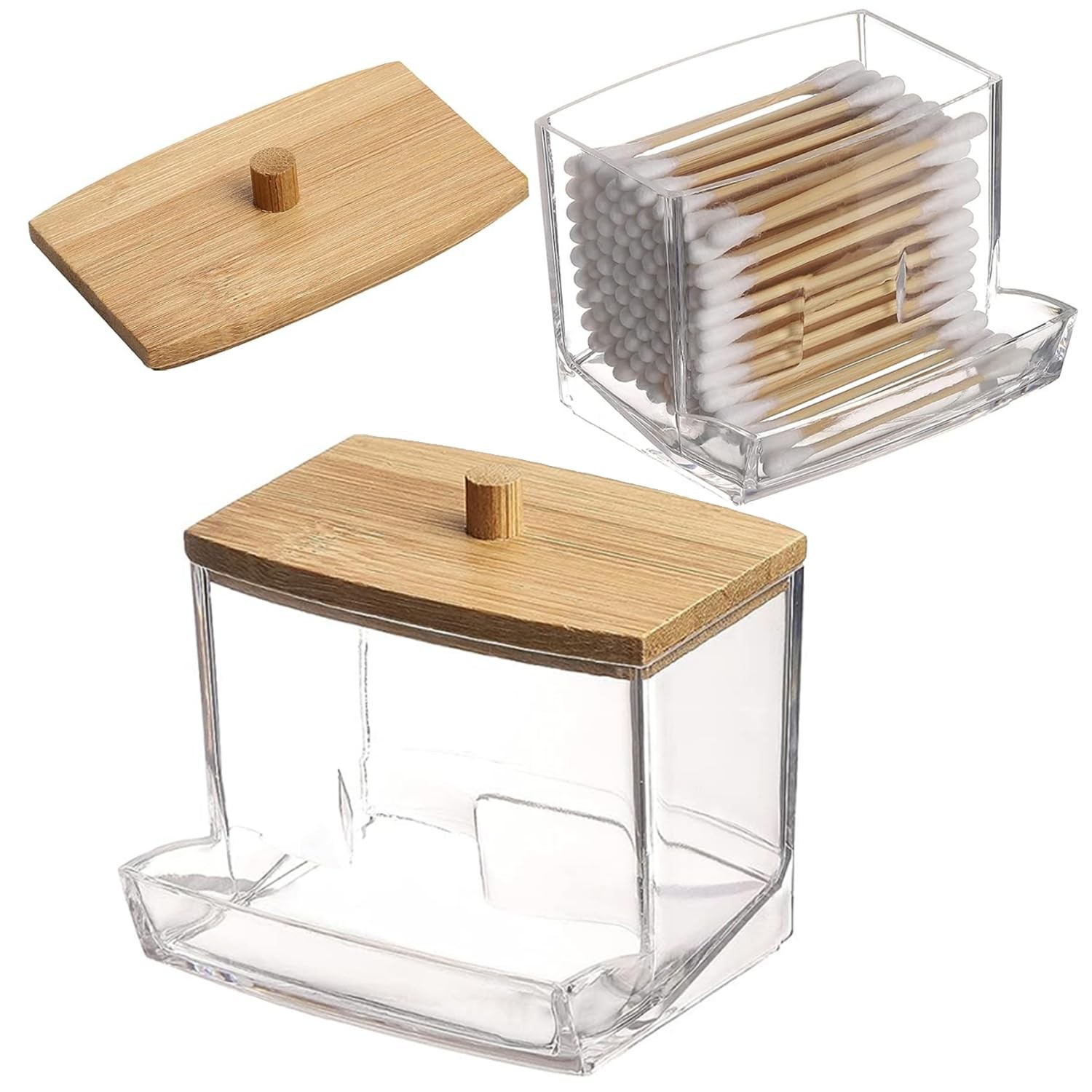 Cotton Swab Holder – Clear Plastic Dispenser with Bamboo Lid