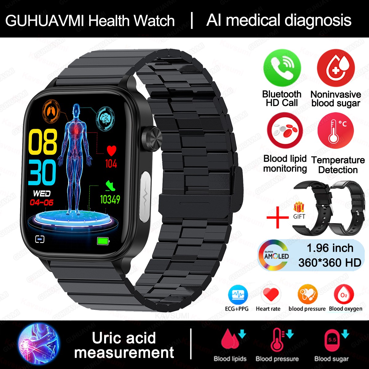 2024 AI Medical Diagnosis Smart Watch – Blood Lipids, Uric Acid, Blood Glucose Monitoring with ECG+PPG, Bluetooth Calls, and Health Tracking