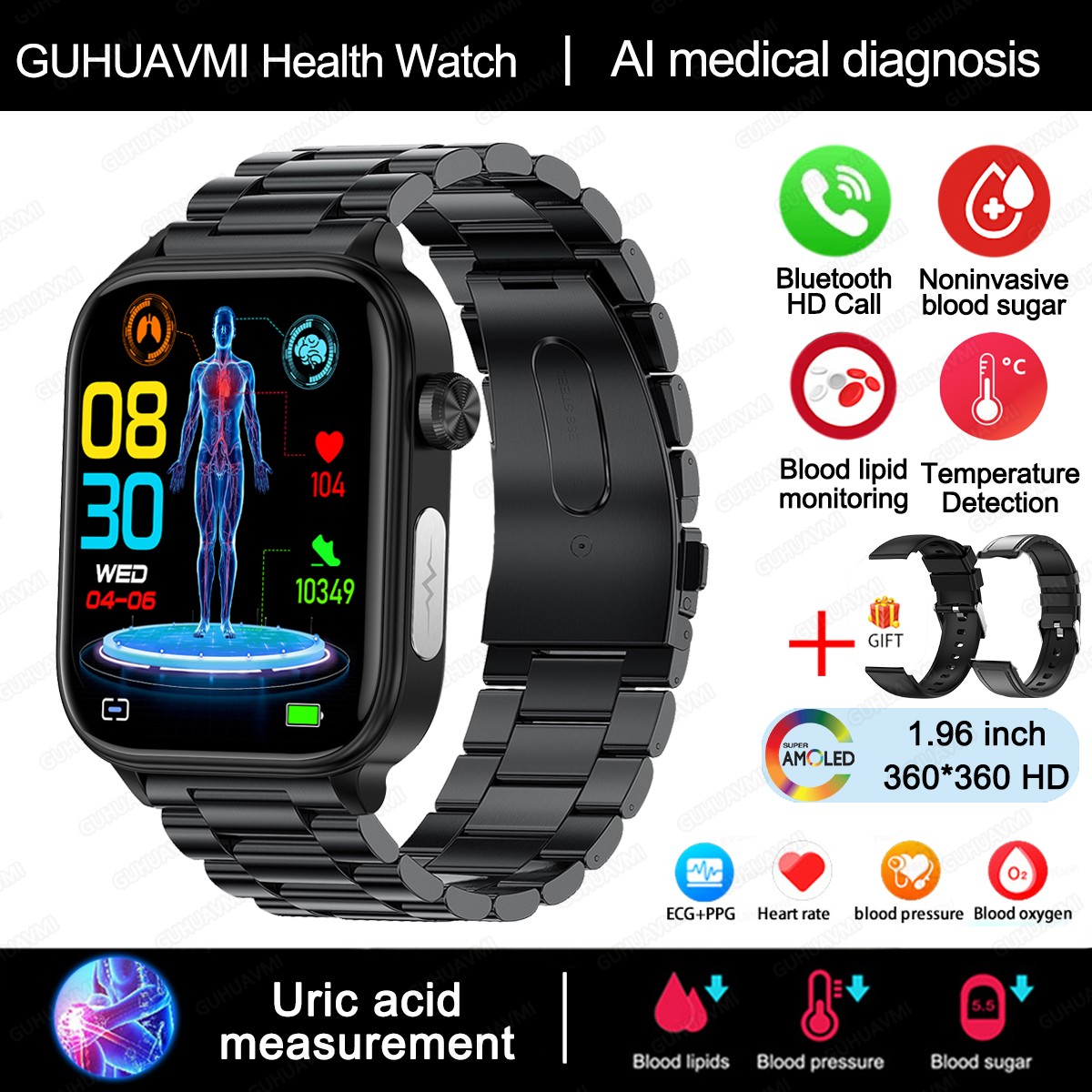2024 AI Medical Diagnosis Smart Watch – Blood Lipids, Uric Acid, Blood Glucose Monitoring with ECG+PPG, Bluetooth Calls, and Health Tracking