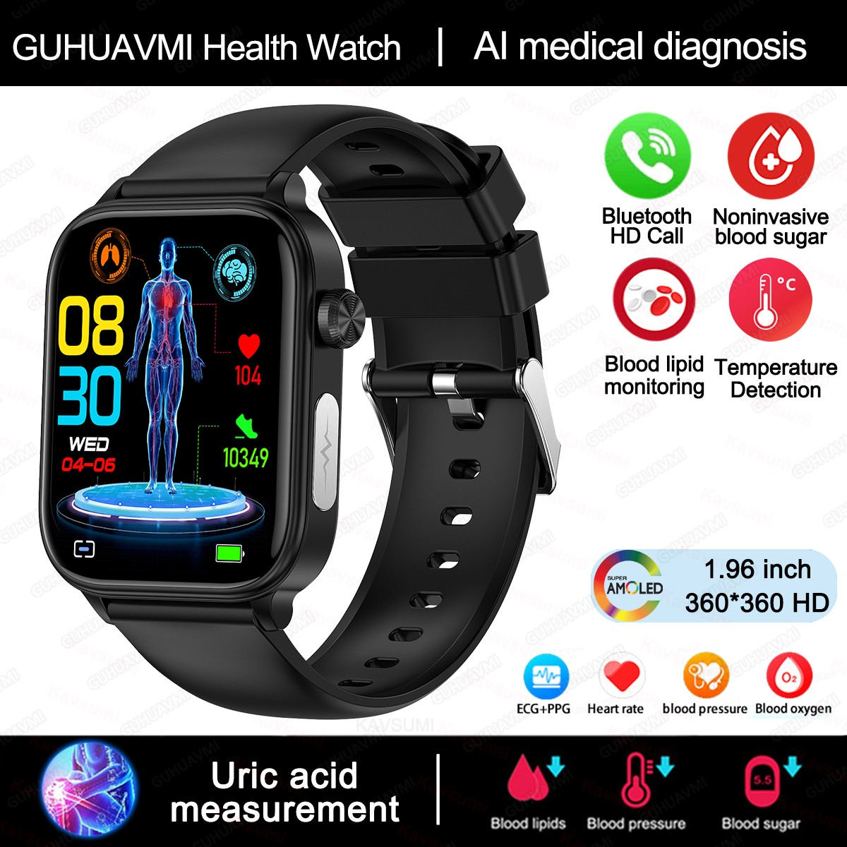 2024 AI Medical Diagnosis Smart Watch – Blood Lipids, Uric Acid, Blood Glucose Monitoring with ECG+PPG, Bluetooth Calls, and Health Tracking
