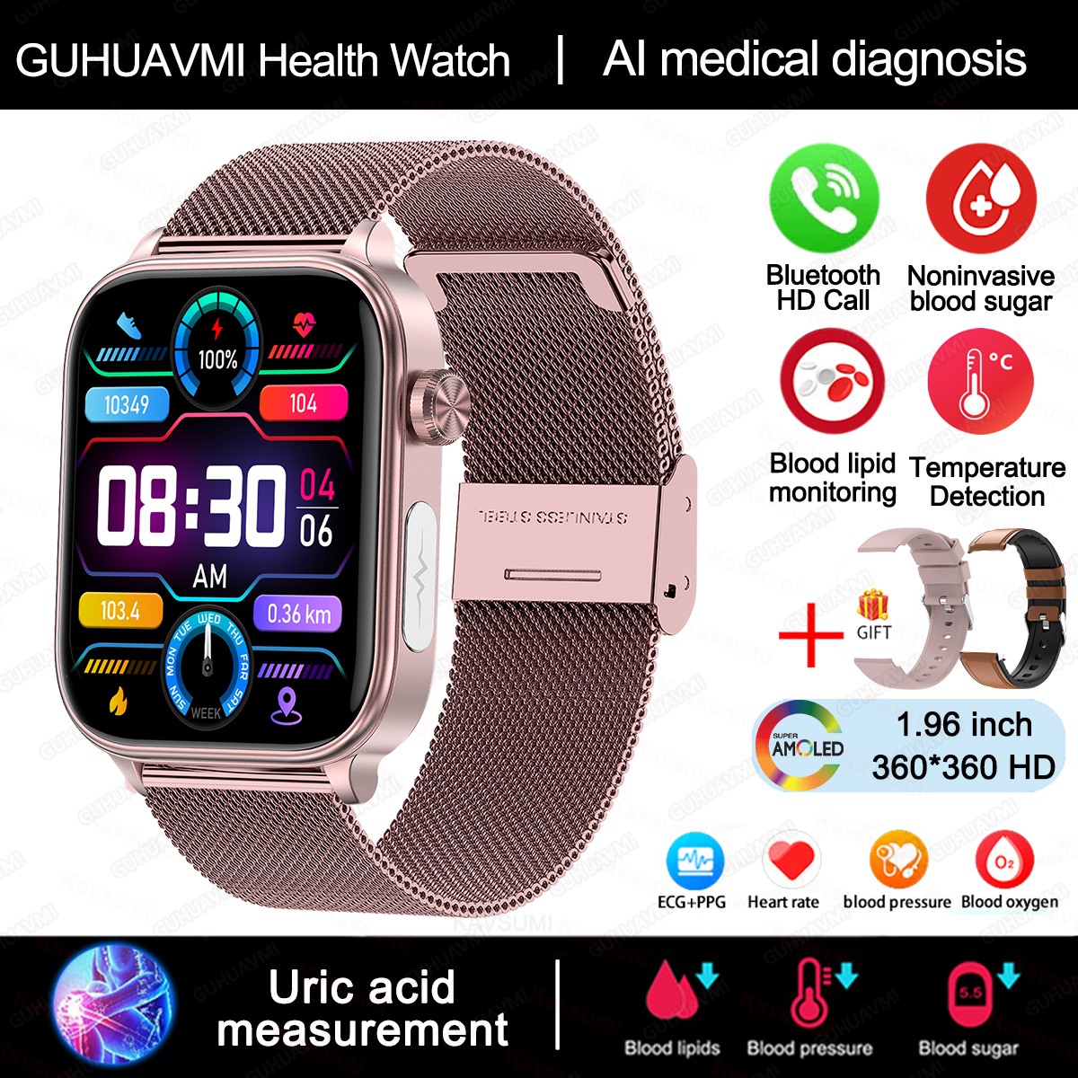 2024 AI Medical Diagnosis Smart Watch – Blood Lipids, Uric Acid, Blood Glucose Monitoring with ECG+PPG, Bluetooth Calls, and Health Tracking