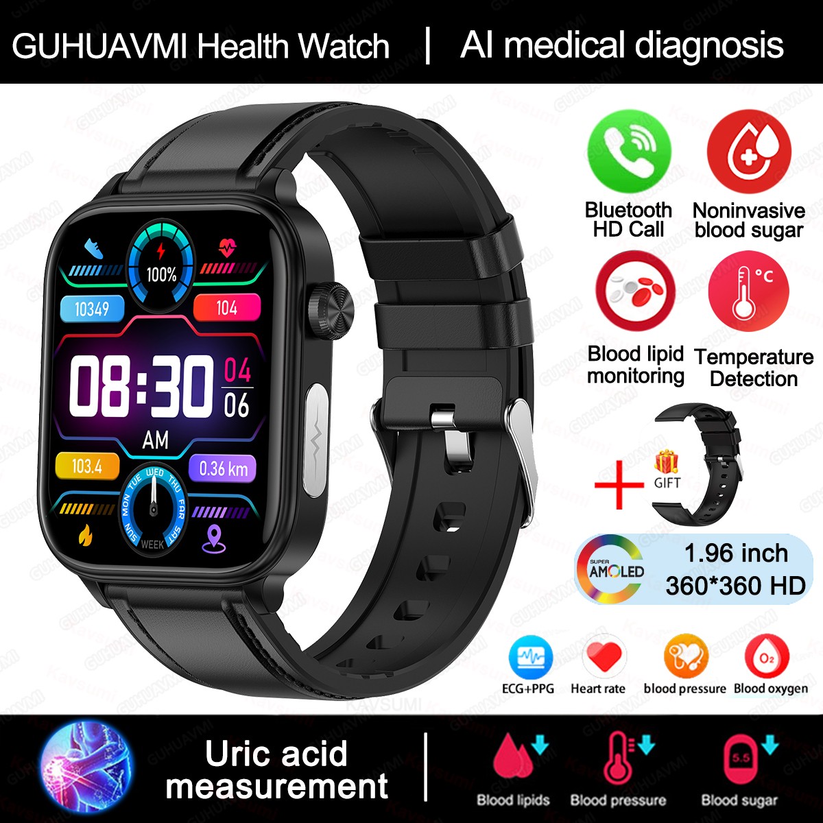2024 AI Medical Diagnosis Smart Watch – Blood Lipids, Uric Acid, Blood Glucose Monitoring with ECG+PPG, Bluetooth Calls, and Health Tracking