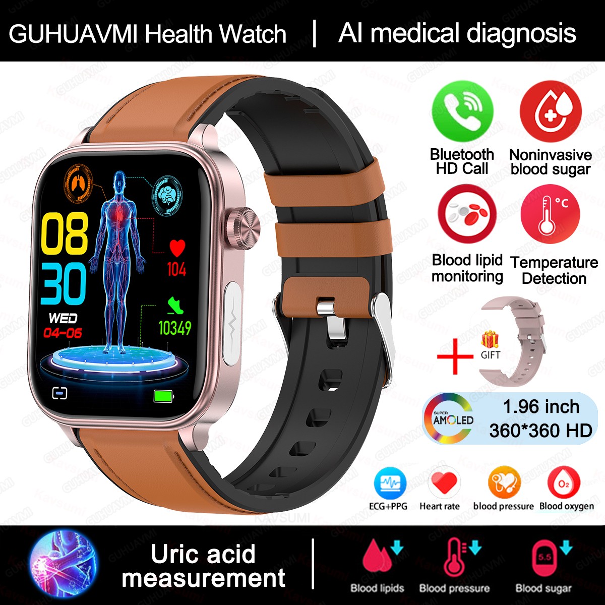 2024 AI Medical Diagnosis Smart Watch – Blood Lipids, Uric Acid, Blood Glucose Monitoring with ECG+PPG, Bluetooth Calls, and Health Tracking