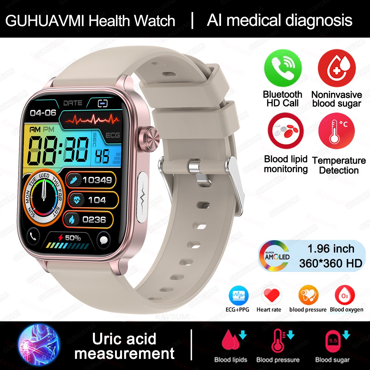 2024 AI Medical Diagnosis Smart Watch – Blood Lipids, Uric Acid, Blood Glucose Monitoring with ECG+PPG, Bluetooth Calls, and Health Tracking