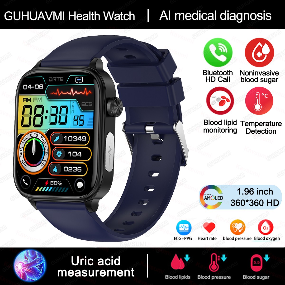 2024 AI Medical Diagnosis Smart Watch – Blood Lipids, Uric Acid, Blood Glucose Monitoring with ECG+PPG, Bluetooth Calls, and Health Tracking