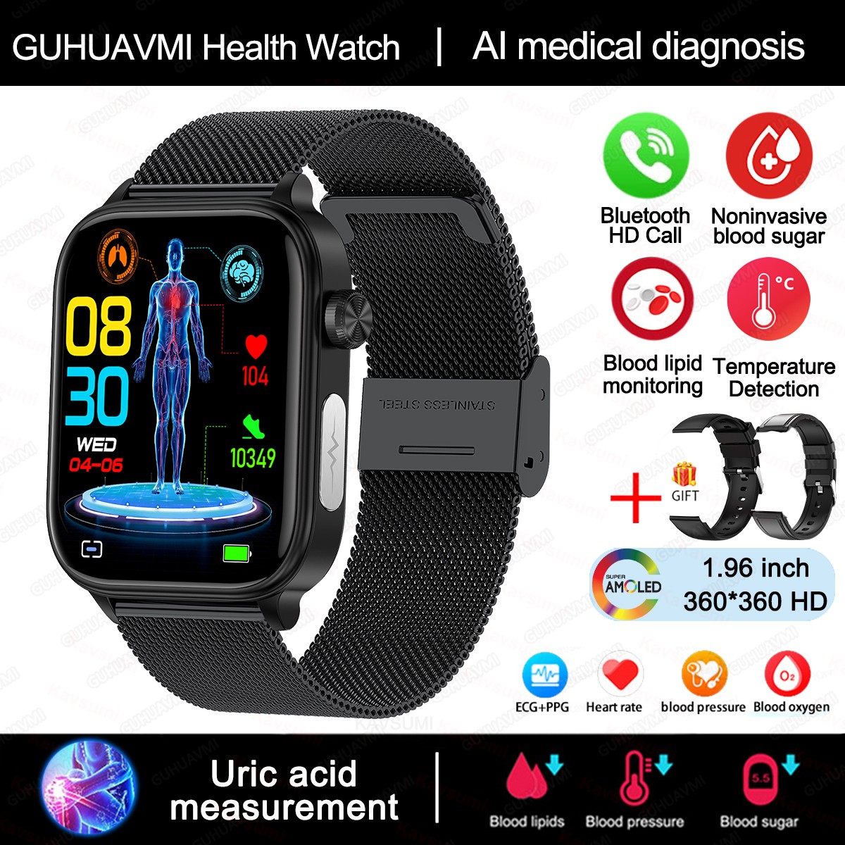 2024 AI Medical Diagnosis Smart Watch – Blood Lipids, Uric Acid, Blood Glucose Monitoring with ECG+PPG, Bluetooth Calls, and Health Tracking