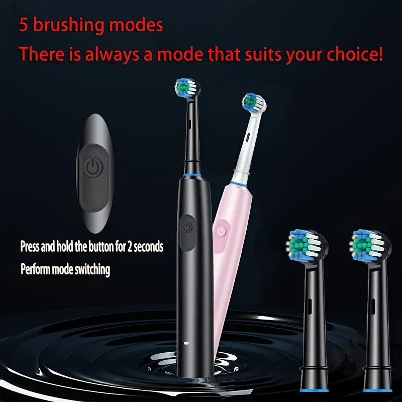 Rechargeable Electric Toothbrush with 4 Replaceable Heads, 5 Modes, Round Head, 360° Rotation