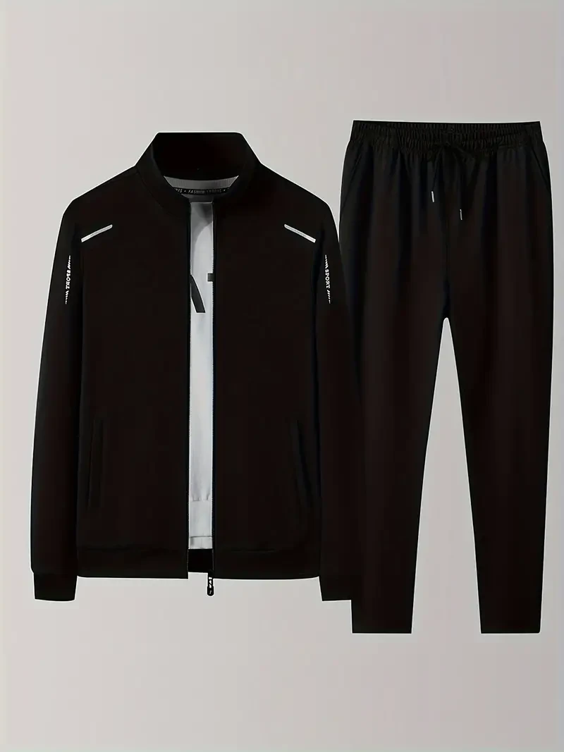2-Piece Mens Solid Lapel Zip-Up Jacket and Drawstring Pants Set - Stretchy Polyester Fabric, Casual Outfit for Spring Summer Outdoor Jogging Gym Workout - Regular Fit, Collared Neck, Zipper Closure