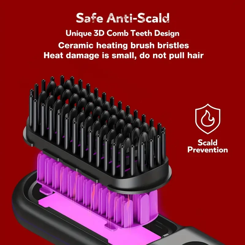 Cordless Hair Straightener Brush - Portable, Rechargeable, Fast Heating with 3 Temp Settings, Anti-Scald, 20Mins Auto-Off, Long Battery Life, and USB Charging for Travel