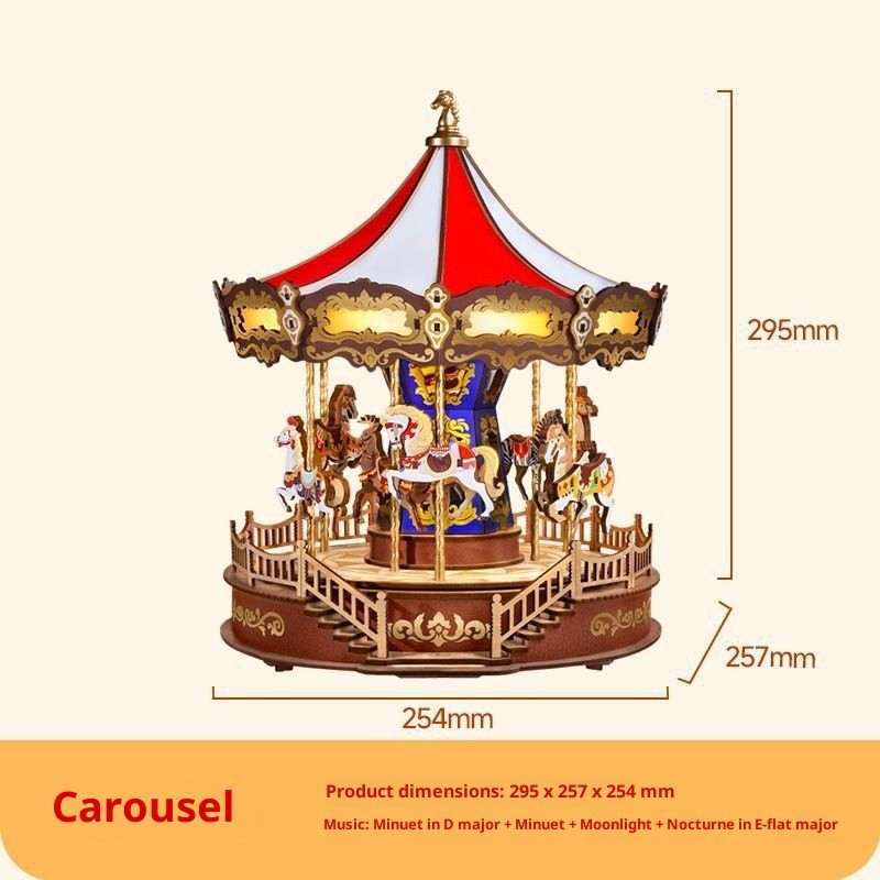 ROBOTIME 3D Wooden Puzzle Classic Carousel Music Box With LED Lights, Model Kits For Adults To Build, Gear Model Building Construction Craft Kits AMC01