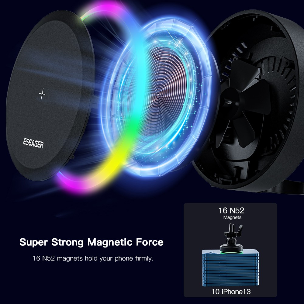 Essager RGB Magnetic Car Phone Holder Qi 15W Wireless Charger - Universal Phone Holder Stand for iPhone 15, 14, 13 Pro Max, Samsung