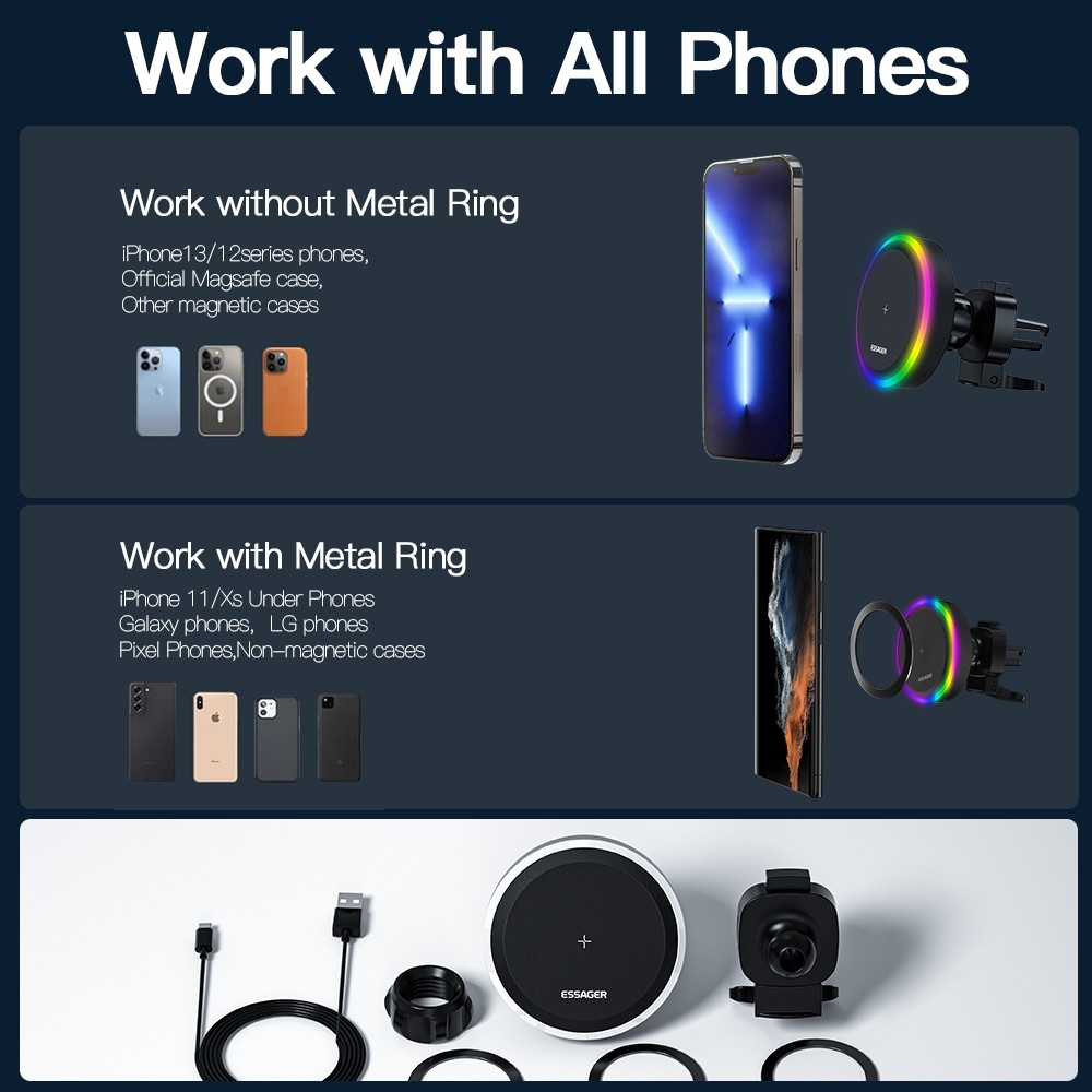 Essager RGB Magnetic Car Phone Holder Qi 15W Wireless Charger - Universal Phone Holder Stand for iPhone 15, 14, 13 Pro Max, Samsung