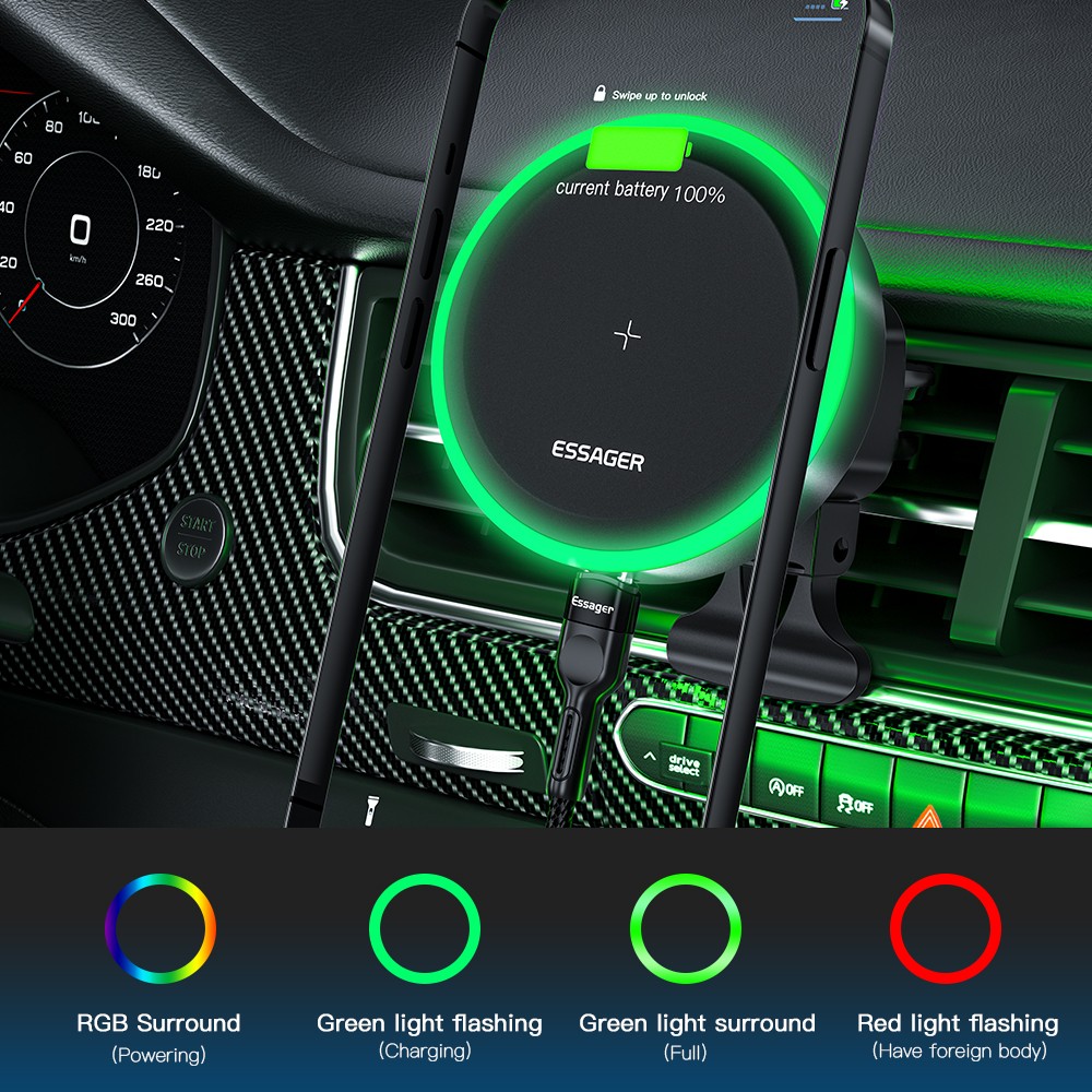 Essager RGB Magnetic Car Phone Holder Qi 15W Wireless Charger - Universal Phone Holder Stand for iPhone 15, 14, 13 Pro Max, Samsung