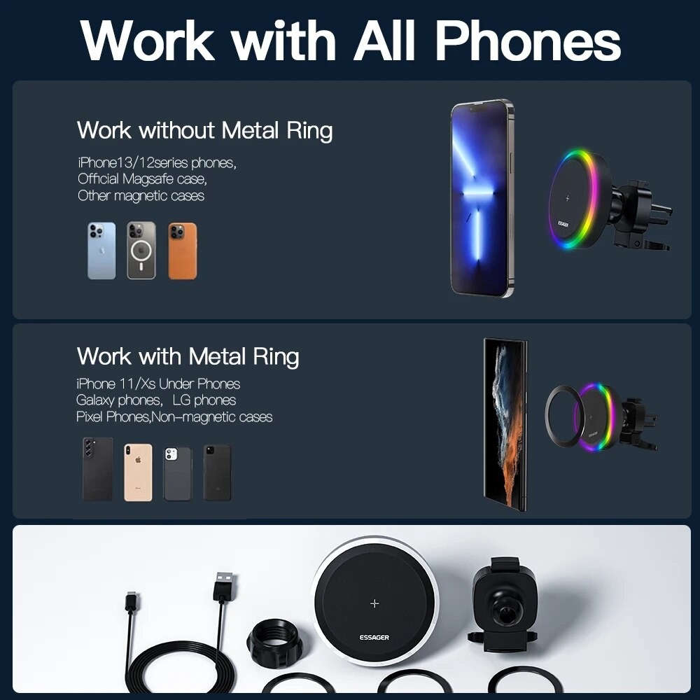 Essager RGB Magnetic Car Phone Holder Qi 15W Wireless Charger - Universal Phone Holder Stand