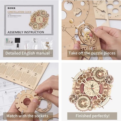 Robotime ROKR Zodiac Wall Clock 3D Wooden Puzzle Model Assembly Toys Gifts for Children Kids Teens LC601 Support Dropshipping
