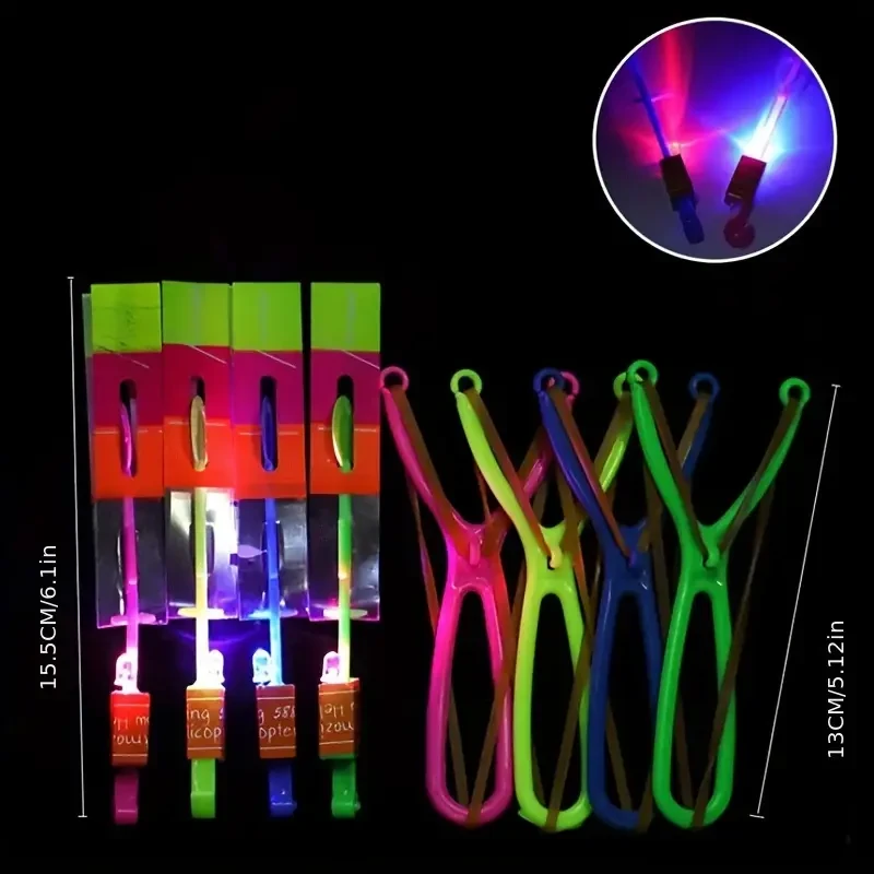 12-Pack LED Light-Up Slingshot Flying Helicopter Toys for Kids – Party Favor Glow in The Dark Fun for Ages 3-6, Durable Plastic, Assorted Colors, Ideal for Birthday, Halloween, and Christmas Gifts