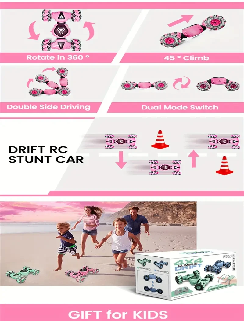 Remote Control Car RC Cars With 2 Remote Controller, 2.4GHz 4WD Gesture Sensing RC Stunt Car Toys - 360° Rotating Double Sided Hand Controlled RC Car With Lights, Gifts For Kids