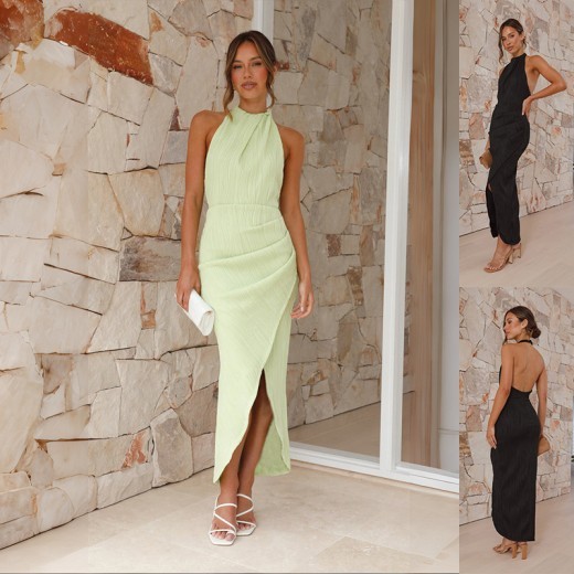 Shop the Halter Split Long Dress for women – a stylish slim fit backless dress perfect for summer. Featuring a halter neck, side slit, and high-end fabric, this dress is ideal for holiday events, parties, and special occasions.