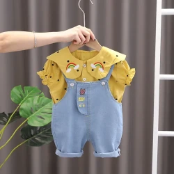 Girls' Summer Short-sleeved Suspender Pants Two-piece Set